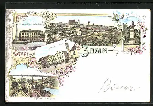 Lithographie Znaim, Sealsfield-Denkmal, Realschule, Panorama