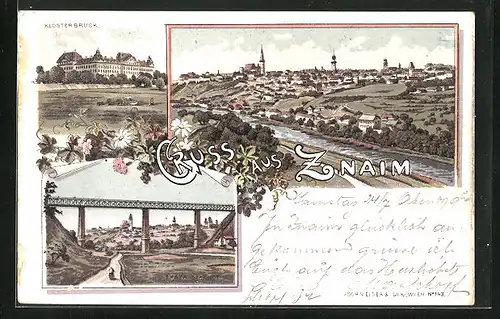 Lithographie Znaim, Klosterbruck, Thaya Viaduct, Totalansicht