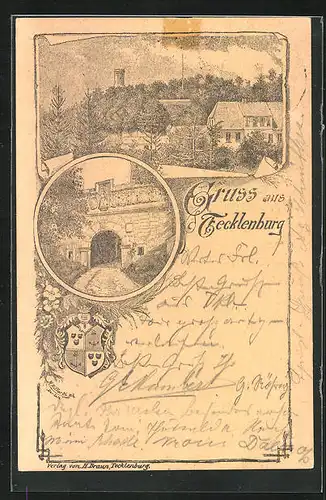 Lithographie Tecklenburg / Teutoburger Wald, Eingang zur Burg, Wappen