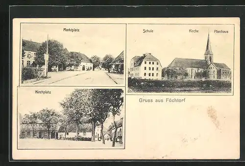 AK Füchtorf, Kirchplatz, Schule, Marktplatz, Kirche, Pfarrhaus