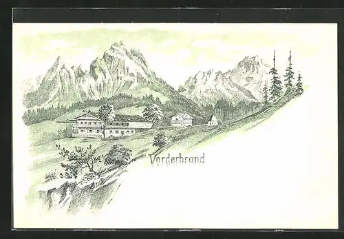 Lithographie Schönau, Gasthaus Vorderbrand, Bergkette