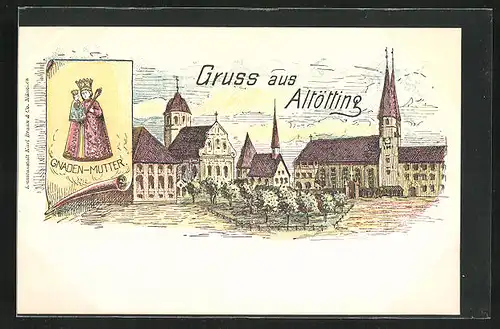 Goldfenster-AK Altötting, Markt mit Kirche, Gnaden-Mutter