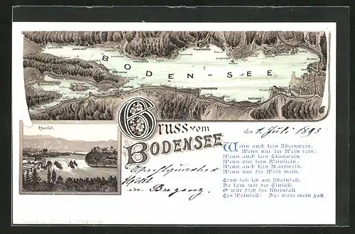 Lithographie Konstanz, Bodensee-Karte mit Fährverbindungen, Rheinfall