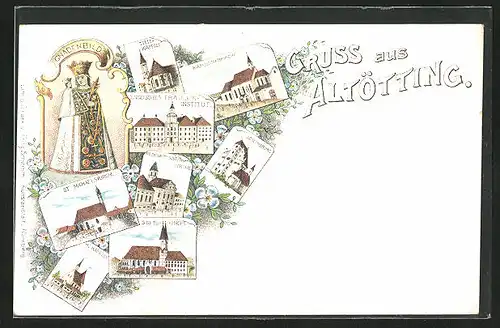 Lithographie Altötting, Gnadenbild, Tilli-Kapelle, Kapuzinerkirche, St. Michaeliskirche
