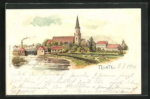 Lithographie Telgte, Panorama mit Kirche