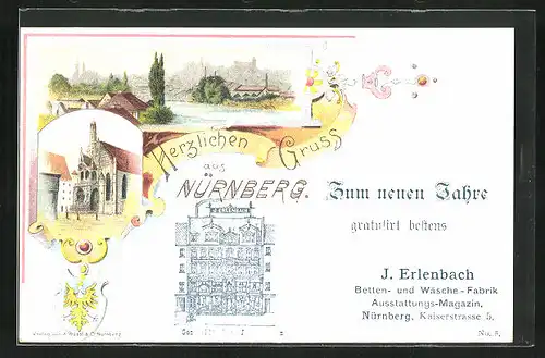 Lithographie Nürnberg, Geschäftshaus v. J. Erlenbach, Ortspartie, Panorama