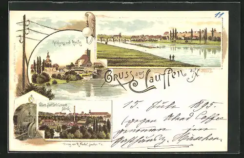 Lithographie Lauffen a. N., Württ. Portland Cement-Fabrik, Rathaus u. Kirche, Panorama