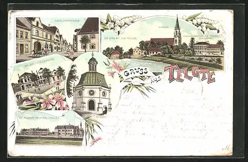 Lithographie Telgte, Kapellenstrasse, St. Rochius-Hospital, Emspartie mit Mühlen