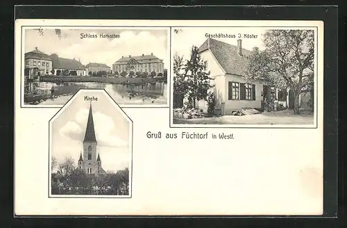 AK Füchtorf i. W., Geschäftshaus J. Köster, Kirche, Schloss Harkotten