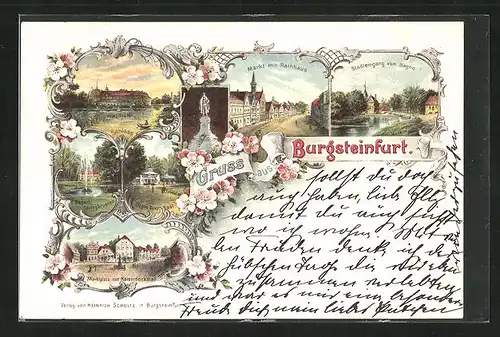 Lithographie Burgsteinfurt, Markt mit Rathaus, Schloss, Stadteingang vom Bagno