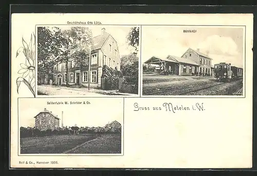 AK Metelen i. W., Bahnhof, Geschäftshaus Otto Lütje, Seidenfabrik W. Schröder & Co.