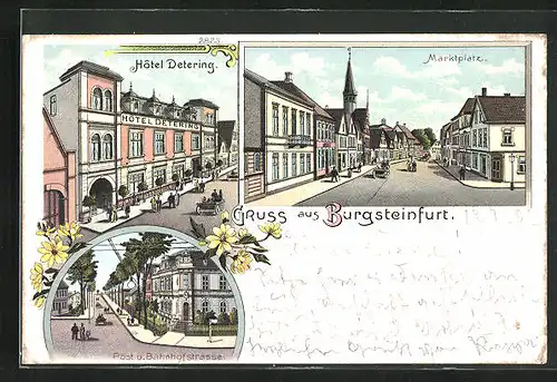 Lithographie Burgsteinfurt, Hotel Detering, Post- u. Bahnhofstrasse, Marktplatz