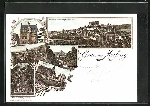 Lithographie Marburg, Schloss, Rathaus, Kaiser Wilhelmsthurm