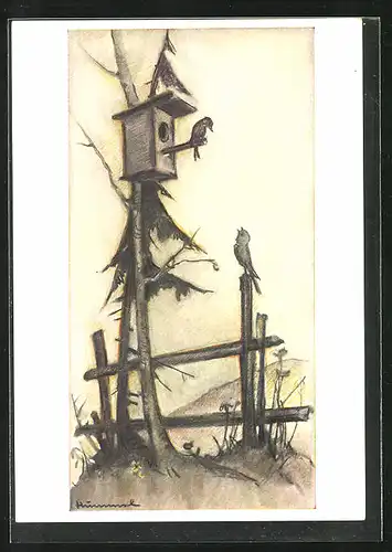 Künstler-AK Hummel: Vogelpaar am Brutkasten