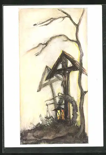 Künstler-AK Hummel: Wegkreuz im Sturmwind