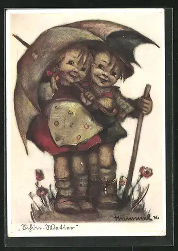 Künstler-AK Hummel: Lustiges Paar wartet auf Schön-Wetter