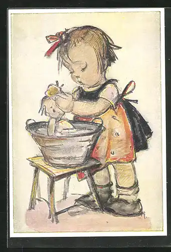 Künstler-AK Hummel: Mädchen badet ihre Puppe