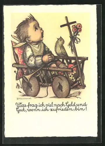 Künstler-AK Hummel: Kleinkind und Vogel im Bollerwagen singen um die Wette