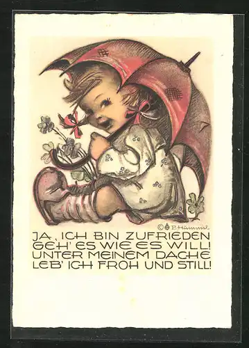 Künstler-AK Hummel: Fröhliches Mädchen unterm Schirm