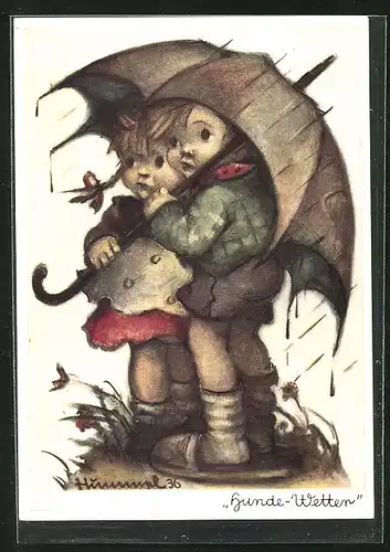 Künstler-AK Hummel: Kleines Paar bei Hunde-Wetter unterm Schirm