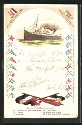 Lithographie Passagierschiff in voller Fahrt, Flaggen-Signale
