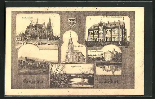 AK Troisdorf, Aggerbrücke, Schloss Wissem, Ev. Kirche