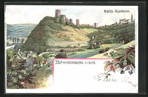 Lithographie Blankenberg a. Sieg, Hotel Konrath mit Ruine