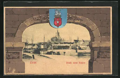 AK Cleve, Ortsansicht vom Hafen, Wappen