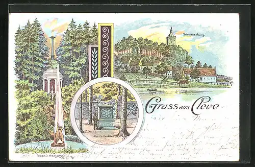 Lithographie Cleve, Amphietheater, Schwanenburg, Moritz-Denkmal