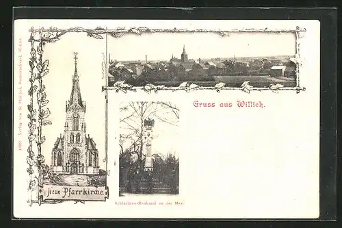 AK Willich, Neue Pfarrkirche, Schlachten-Denkmal an der Mey, Panorama