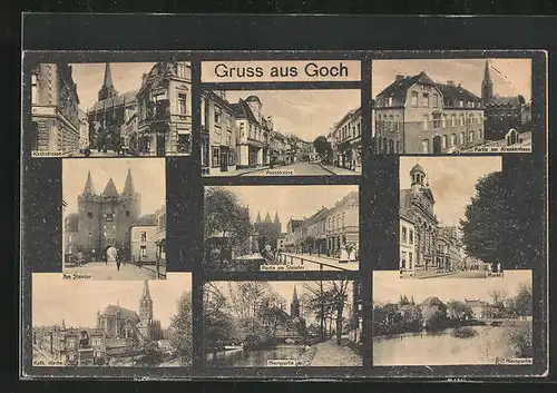 AK Goch, Kirchstrasse mit Geschäft, Partie am Steintor, Katholische Kirche