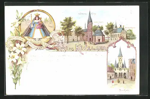 Lithographie Kevelaer, Wallfahrtskirche mit Gnadenkapelle u. Kerzenkapelle, Pfarrkirche, Gnadenbild