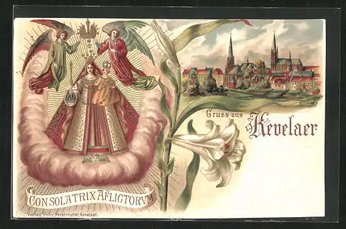 Künstler-AK Kevelaer, Ortspartie mit Kirchen, Gnadenbild