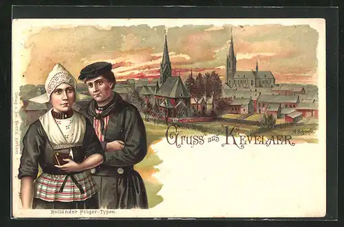 Lithographie Kevelaer, Ortspartie mit Kirchen, Paar in Tracht