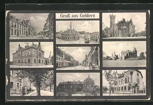 AK Geldern, Markt mit Rathaus, Landratsamt, Schloss Haag