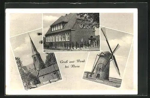 AK Wemb bei Weeze, Katholische Schule, Katholische Kirche, Mühle