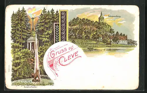 Lithographie Kleve, Amphitheater, Schwanenburg