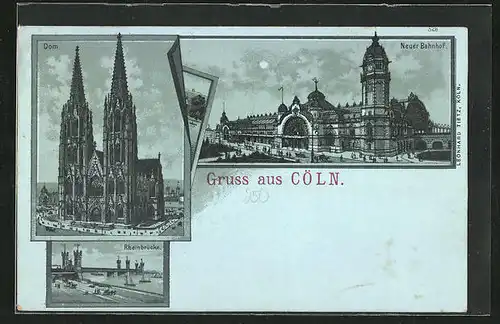 Mondschein-Lithographie Köln, Neuer Bahnhof, Rheinbrücke, Kölner Dom