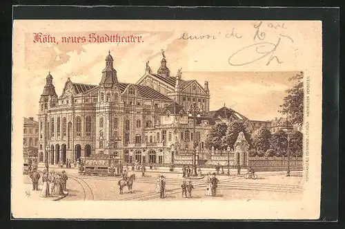 Lithographie Köln-Neustadt, Strassenpartie vorm Neuen Stadttheater, Strassenbahn