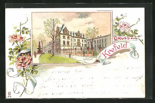 Lithographie Krefeld, Blick aufs Rathaus