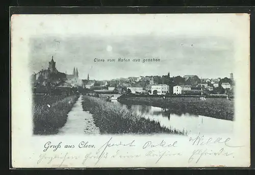 Mondschein-AK Cleve, Ortsansicht vom Hafen aus