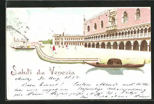 Lithographie Venezia, Uferpartie und Gondeln