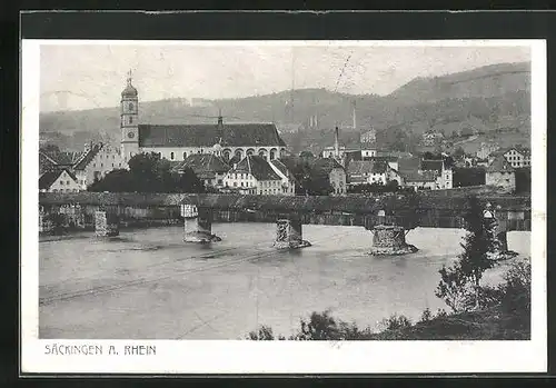 AK Säckingen / Rhein, Flusspartie mit Brücke