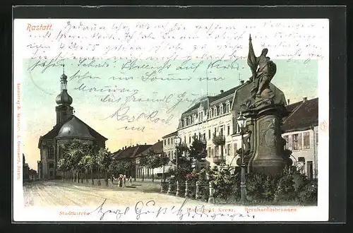 AK Rastatt, Stadtkirche, Hotel Goldenes Kreuz und Bernhardusbrunnen