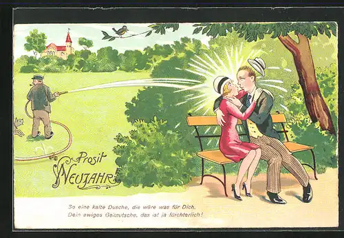 AK Wasserstrahl trifft das verliebte Paar auf der Parkbank, Scherz