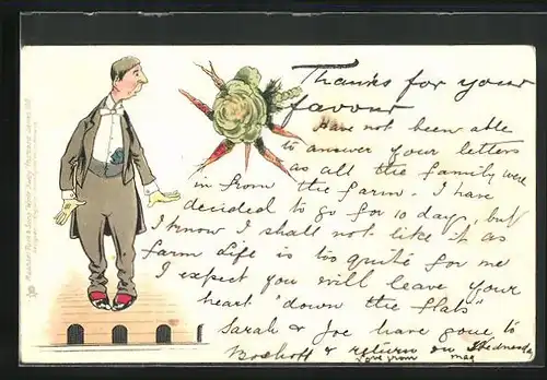 AK Mann im Abendanzug blickt erschrocken auf ein Gebilde aus Gemüse, Scherz