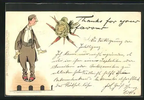 AK Mann im Abendanzug blickt erschrocken auf ein Gebilde aus Gemüse, Scherz