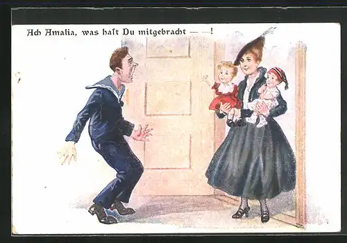 AK Matrose blickt erschrocken auf die Frau mit den zwei kleinen Kindern an der Tür, Scherz