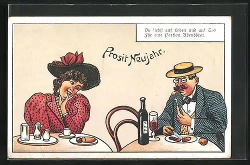 AK Junge Frau im Restaurant beobachtet den Mann am Nachbartisch, Prosit Neujahr! Scherz