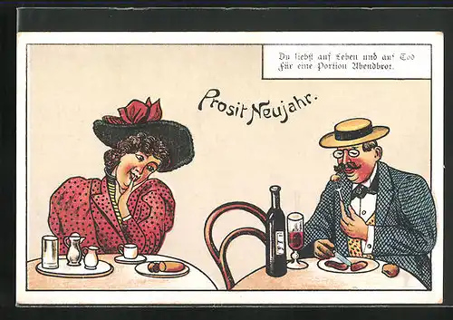 AK Junge Frau beobachtet im Restaurant den Mann am Nebentisch, Prosit Neujahr! Scherz